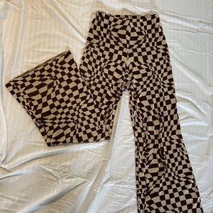 Brown and Beige Checkered High-Waisted Pants